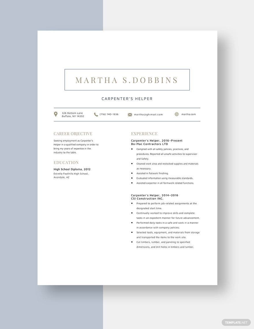 Carpenter's Helper Resume in Pages, Word - Download | Template.net Carpenter's Helper Resume in Pages, Word - Download | Template.net