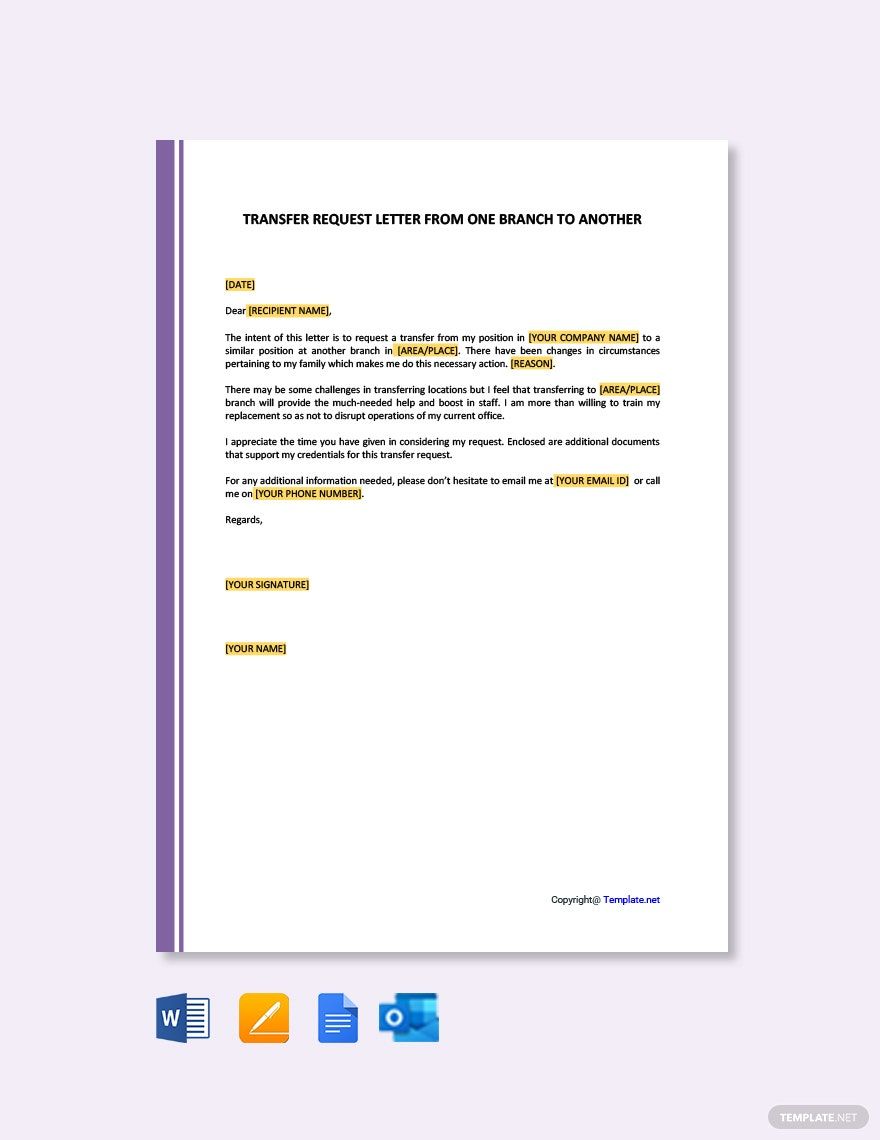 Job Transfer to Another Branch Request Letter in Google Docs, Pages, PDF, Word - Download | Template.net Job Transfer to Another Branch Request Letter in Google Docs, Pages, PDF, Word - Download | Template.net