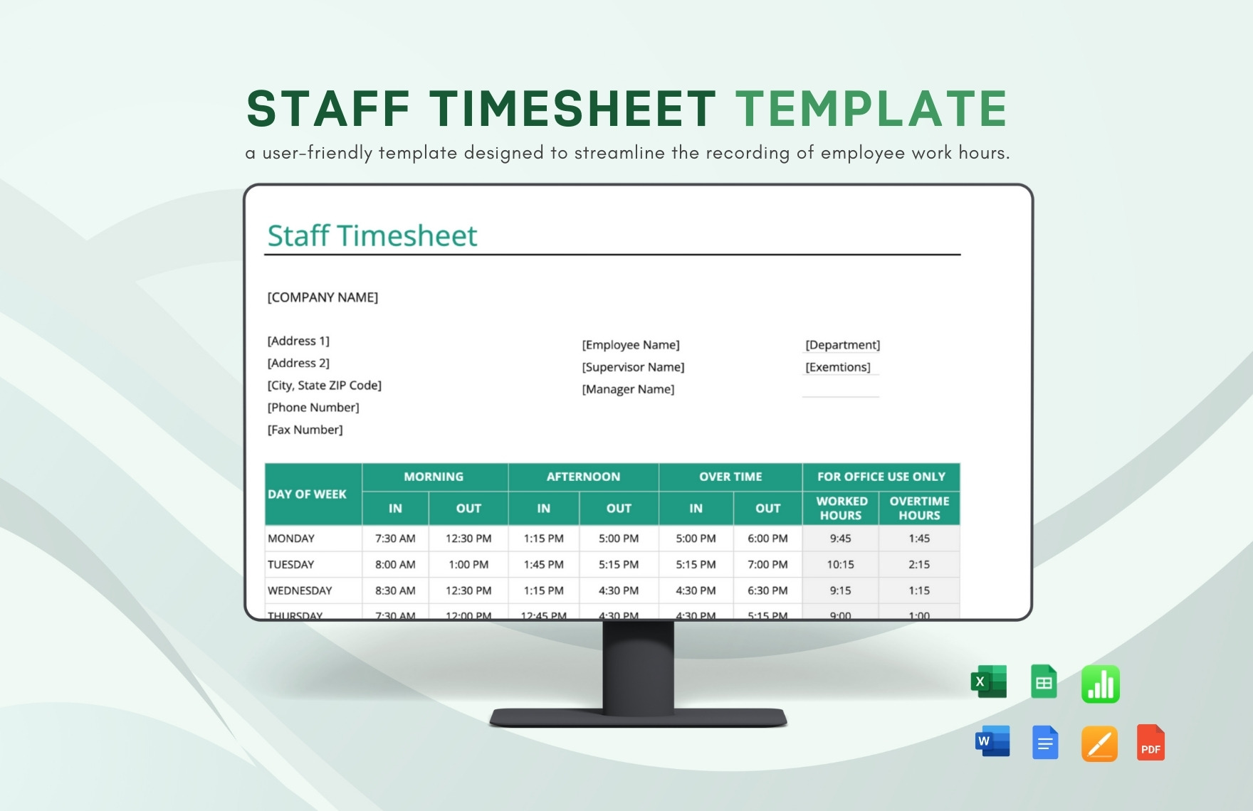 Staff Timesheet Template in Word, Excel, Pages, Google Docs, PDF, Apple Numbers, Google Sheets - Download | Template.net Staff Timesheet Template in Word, Excel, Pages, Google Docs, PDF, Apple Numbers, Google Sheets - Download | Template.net