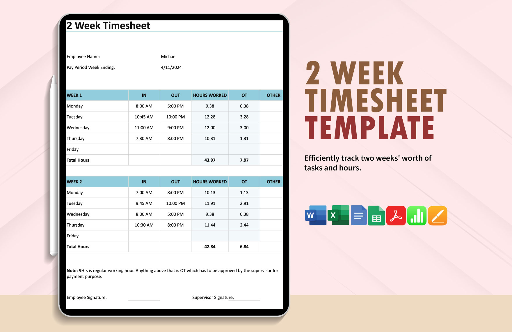 2 Week Timesheet Template in Google Sheets, Word, Excel, Apple Pages, Google Docs, PDF, Apple Numbers - Download | Template.net 2 Week Timesheet Template in Google Sheets, Word, Excel, Apple Pages, Google Docs, PDF, Apple Numbers - Download | Template.net