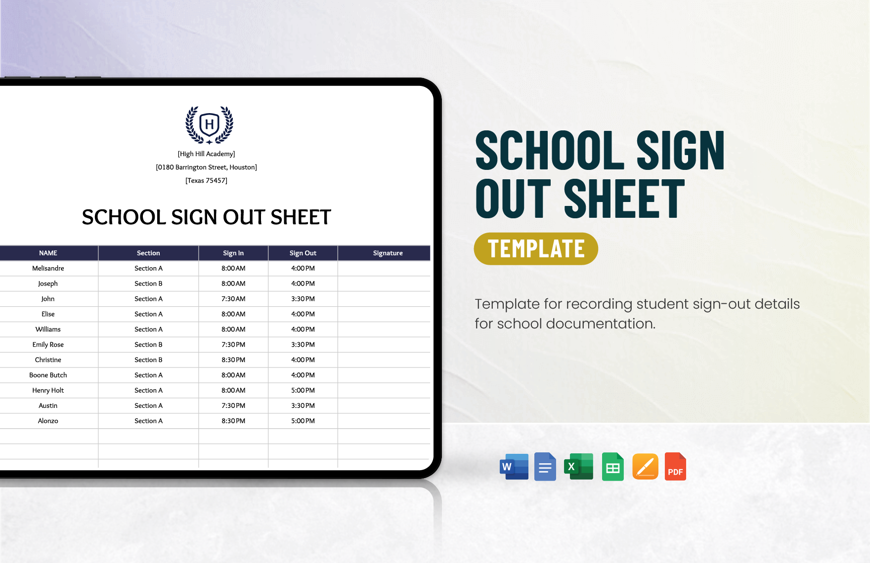 School Sign out Sheet Template in Apple Pages, Word, Google Docs, PDF, Excel, Google Sheets - Download | Template.net School Sign out Sheet Template in Apple Pages, Word, Google Docs, PDF, Excel, Google Sheets - Download | Template.net