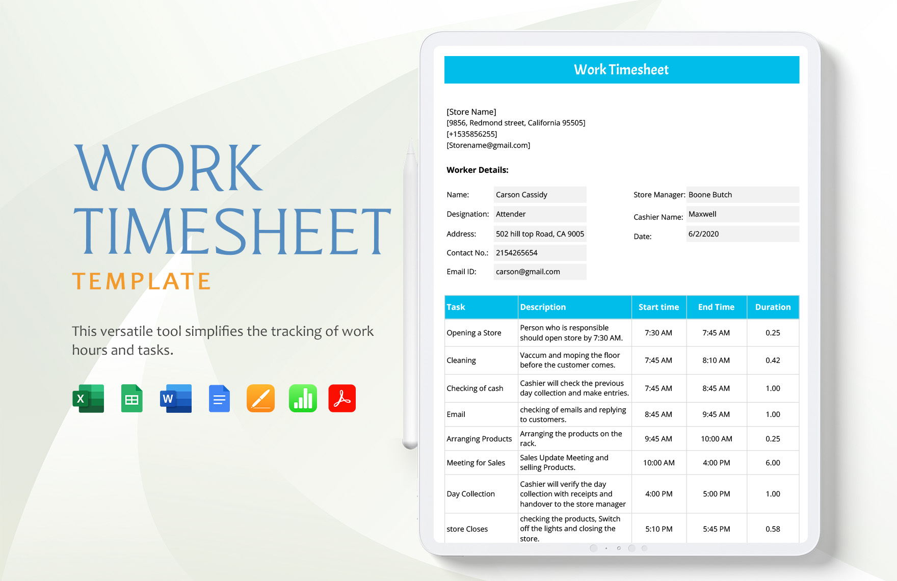 Work Timesheet Template in Google Sheets, Word, Excel, Apple Pages, Apple Numbers, Google Docs, PDF - Download | Template.net Work Timesheet Template in Google Sheets, Word, Excel, Apple Pages, Apple Numbers, Google Docs, PDF - Download | Template.net