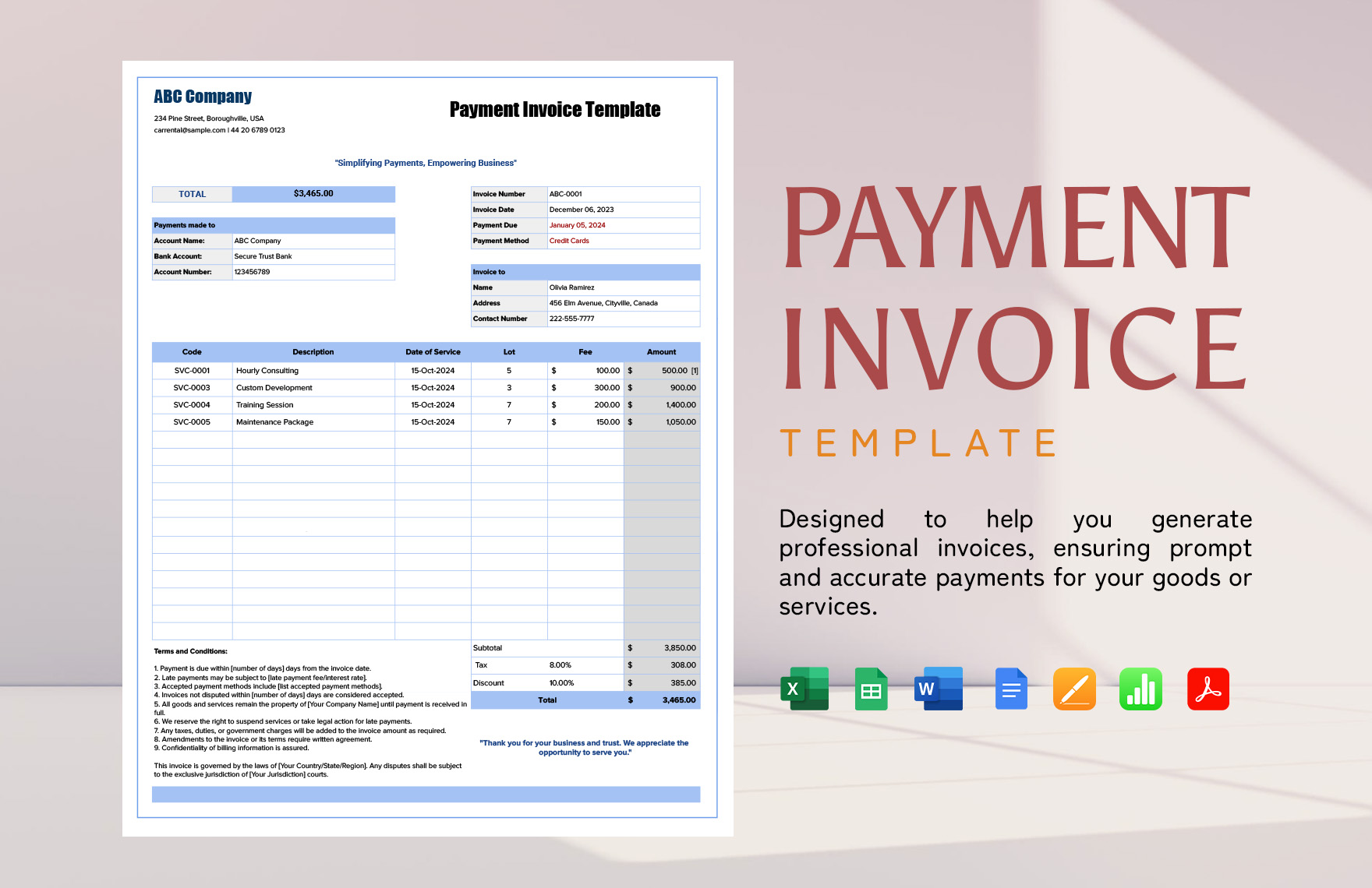 Payment Invoice Template in Google Docs, Apple Numbers, Apple Pages, PDF, Word, Excel, Google Sheets - Download | Template.net Payment Invoice Template in Google Docs, Apple Numbers, Apple Pages, PDF, Word, Excel, Google Sheets - Download | Template.net