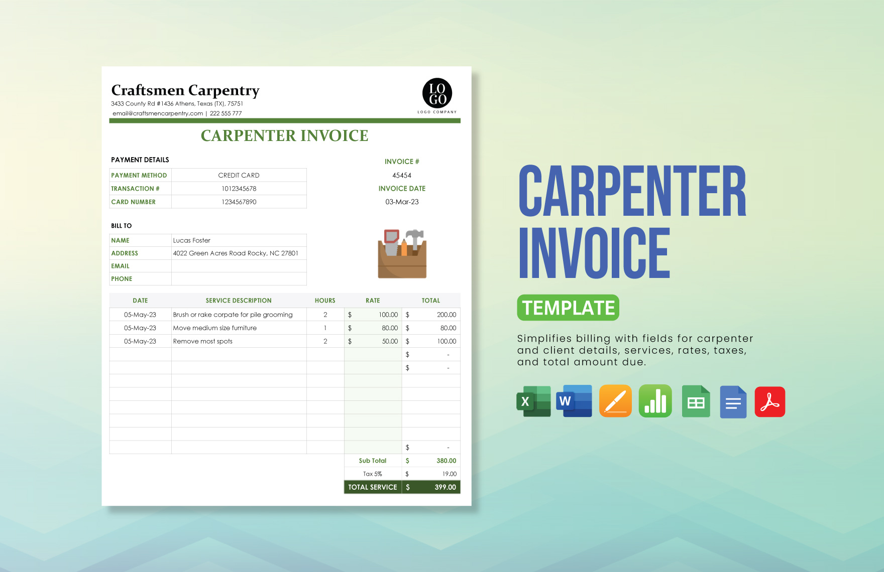 Carpenter Invoice Template in Word, Apple Pages, Apple Numbers, Google Docs, PDF, Excel, Google Sheets - Download | Template.net Carpenter Invoice Template in Word, Apple Pages, Apple Numbers, Google Docs, PDF, Excel, Google Sheets - Download | Template.net