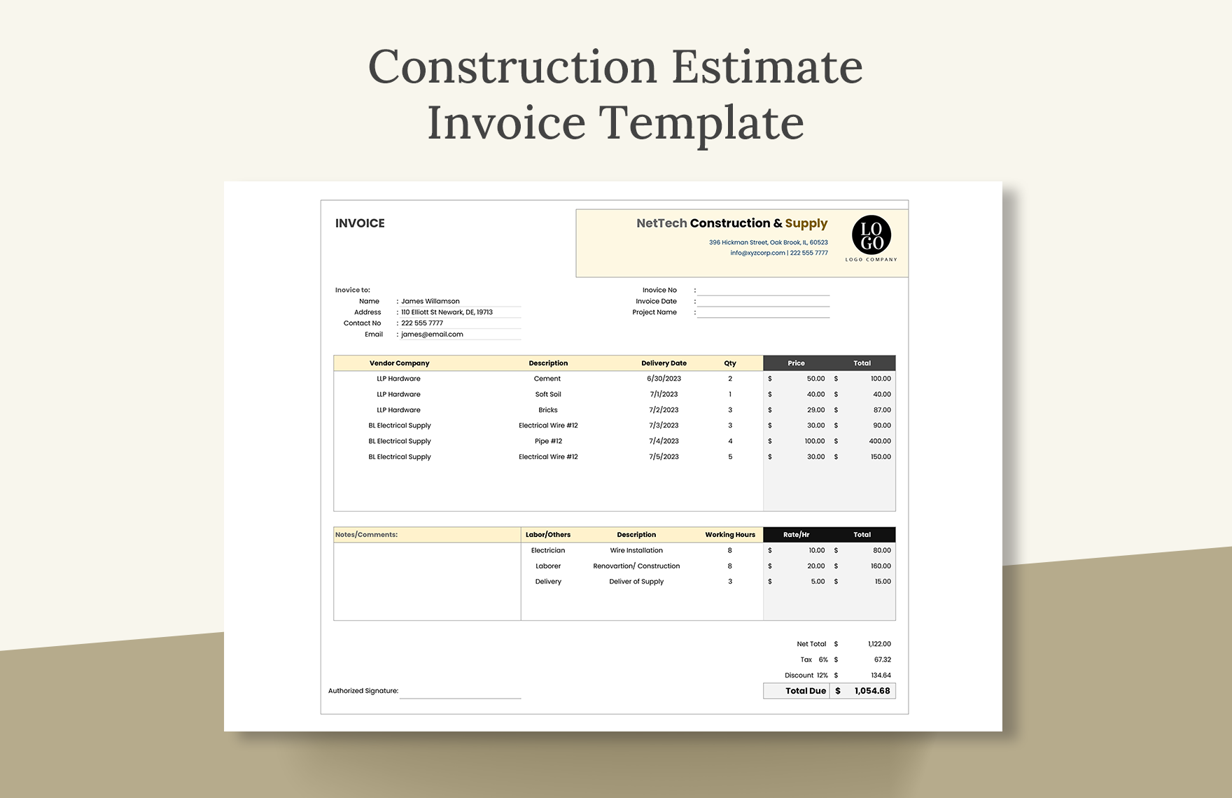 Construction Estimate Invoice Template in Google Docs, Apple Numbers, Word, Pages, PDF, Excel, Google Sheets - Download | Template.net Construction Estimate Invoice Template in Google Docs, Apple Numbers, Word, Pages, PDF, Excel, Google Sheets - Download | Template.net