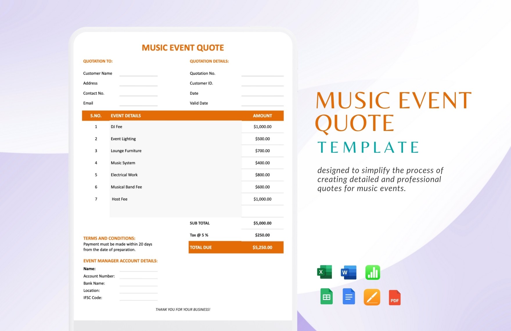 Music Event Quote Template in Google Sheets, Word, Excel, Apple Numbers, PDF, Google Docs, Apple Pages - Download | Template.net Music Event Quote Template in Google Sheets, Word, Excel, Apple Numbers, PDF, Google Docs, Apple Pages - Download | Template.net