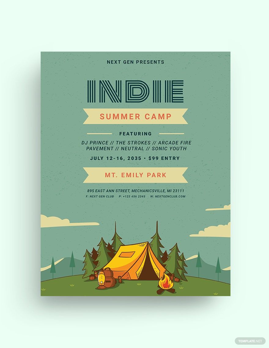 Indie Summer Camp Flyer Template in Word, Publisher, Pages, Illustrator, PSD, InDesign, Google Docs - Download | Template.net Indie Summer Camp Flyer Template in Word, Publisher, Pages, Illustrator, PSD, InDesign, Google Docs - Download | Template.net
