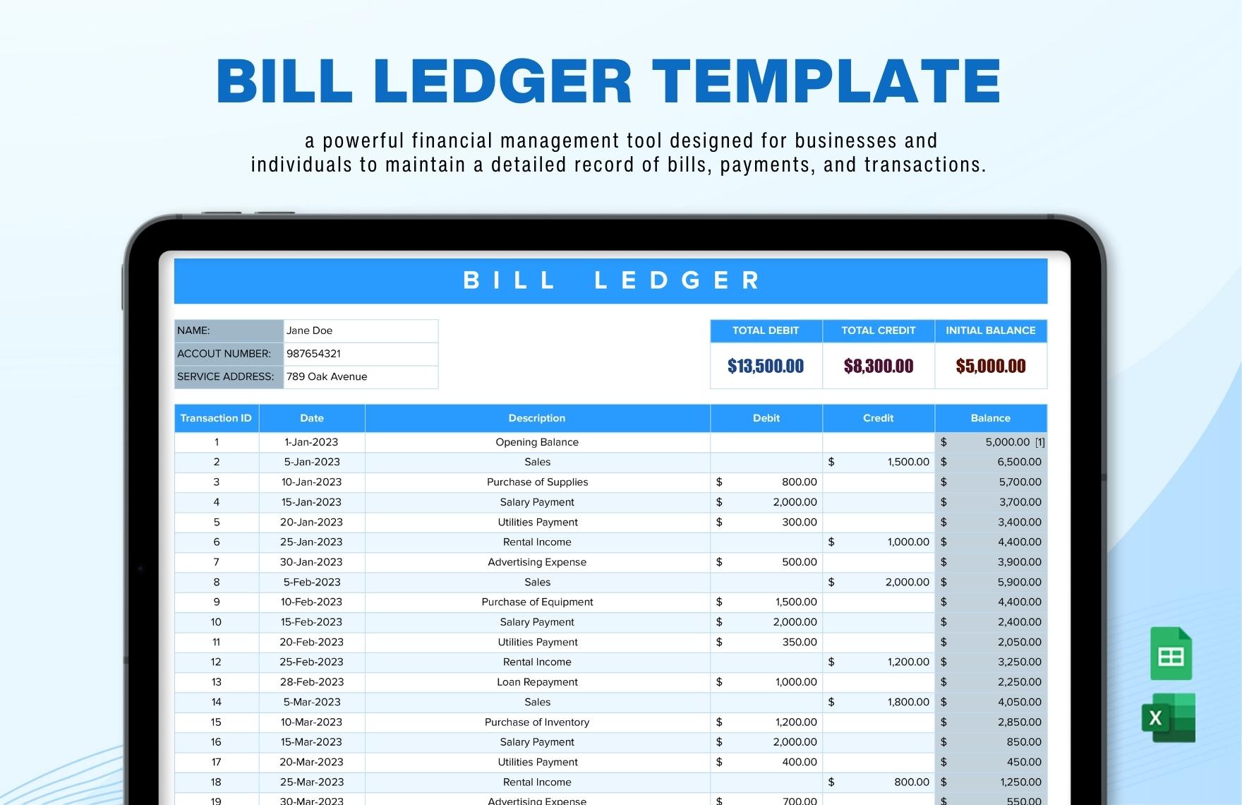 Bill Ledger Template in Excel, Google Sheets - Download | Template.net Bill Ledger Template in Excel, Google Sheets - Download | Template.net