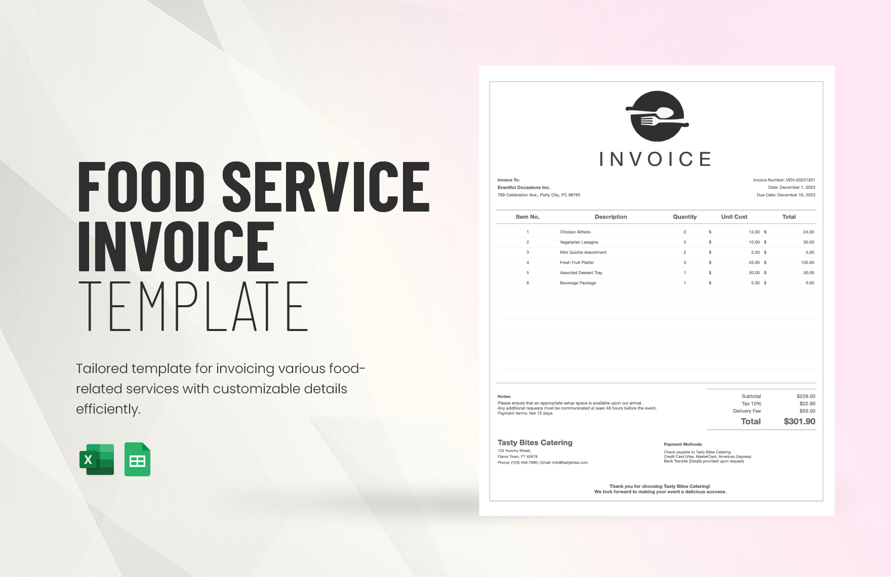 Food Service Invoice Template in Excel, Google Sheets - Download | Template.net Food Service Invoice Template in Excel, Google Sheets - Download | Template.net