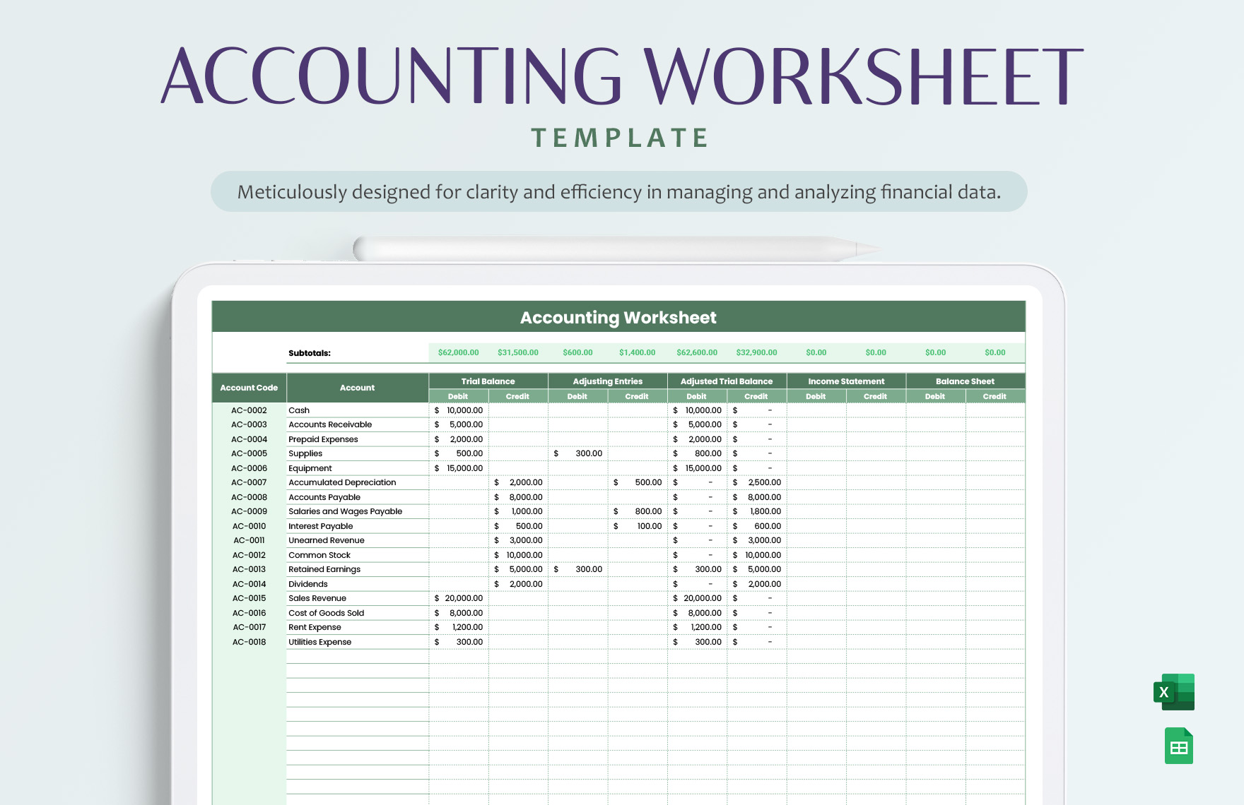 Accounting Worksheet Template in Excel, Google Sheets Accounting Worksheet Template in Excel, Google Sheets