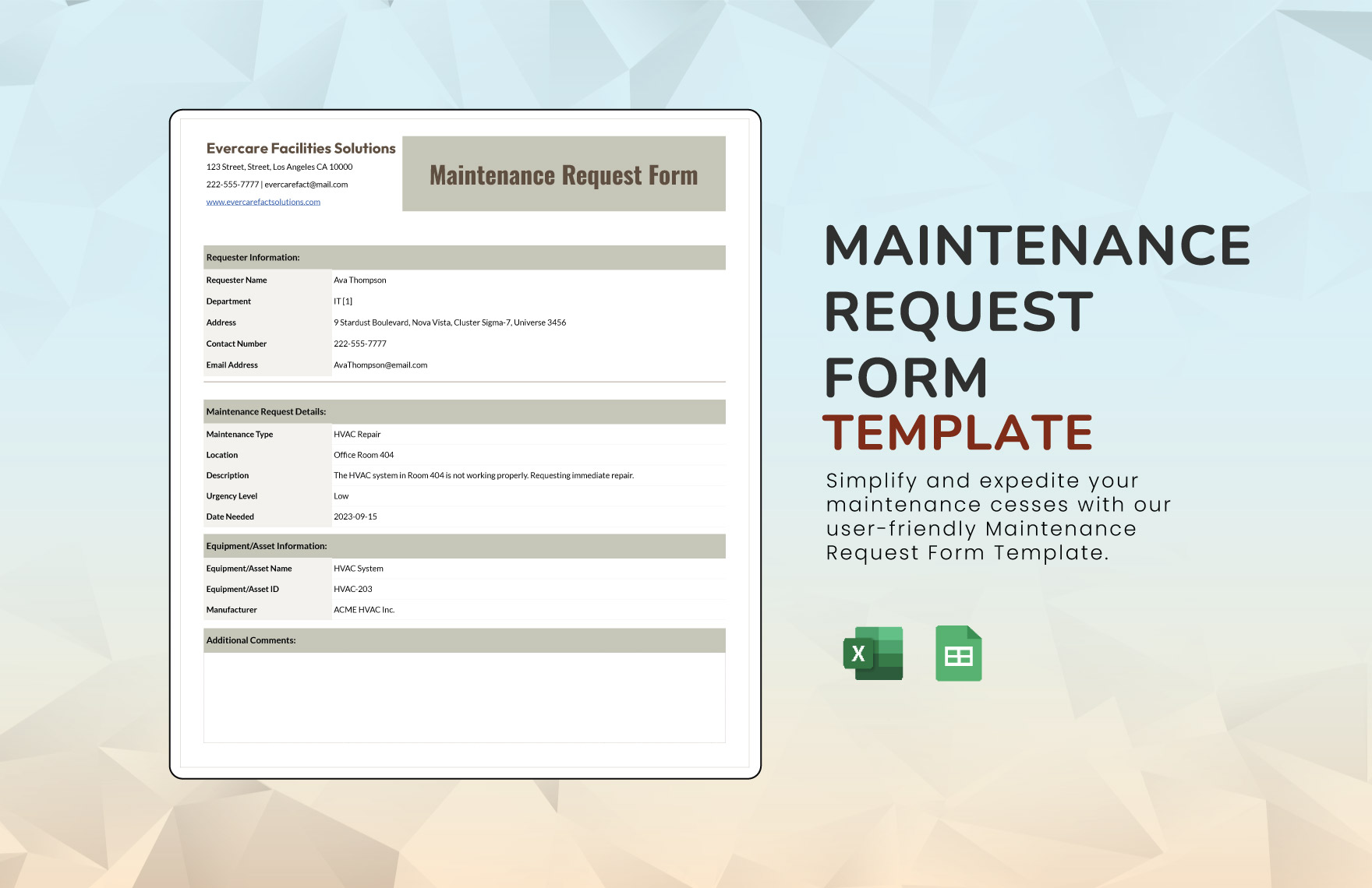 Maintenance Request Form Template in Excel, Google Sheets - Download | Template.net Maintenance Request Form Template in Excel, Google Sheets - Download | Template.net