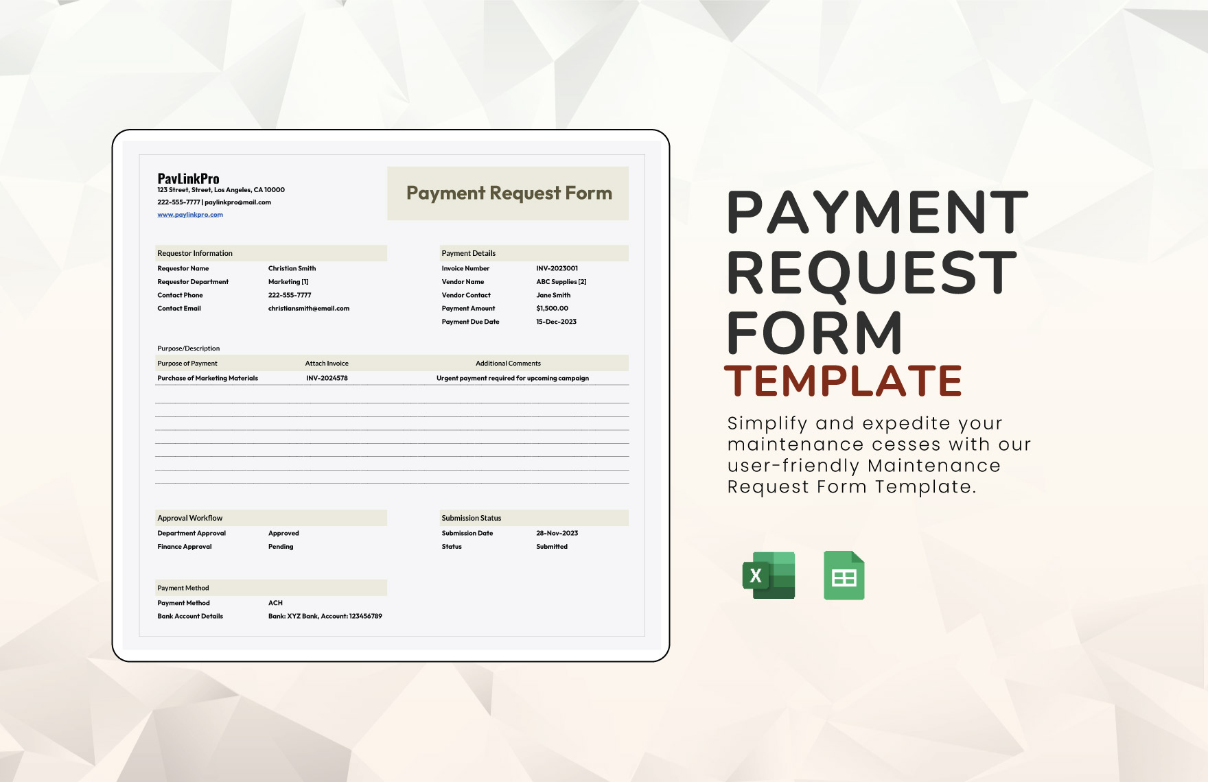 Payment Request Form Template in Excel, Google Sheets - Download | Template.net Payment Request Form Template in Excel, Google Sheets - Download | Template.net