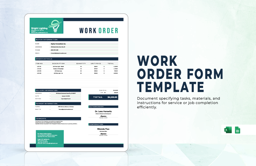 Work Order Form Template in Google Sheets, Excel - Download | Template.net