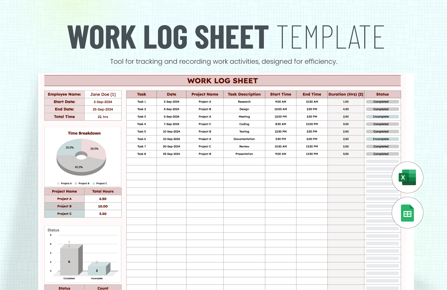 Work Log Sheet Template in Excel, Google Sheets - Download | Template.net Work Log Sheet Template in Excel, Google Sheets - Download | Template.net