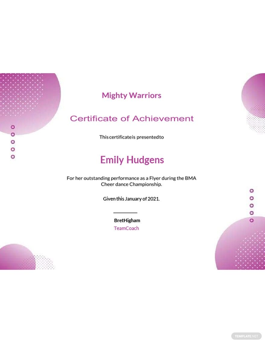Cheerleading Certificate Of Achievement Template in PSD, InDesign, Illustrator, Word, Publisher, Google Docs, Pages - Download | Template.net