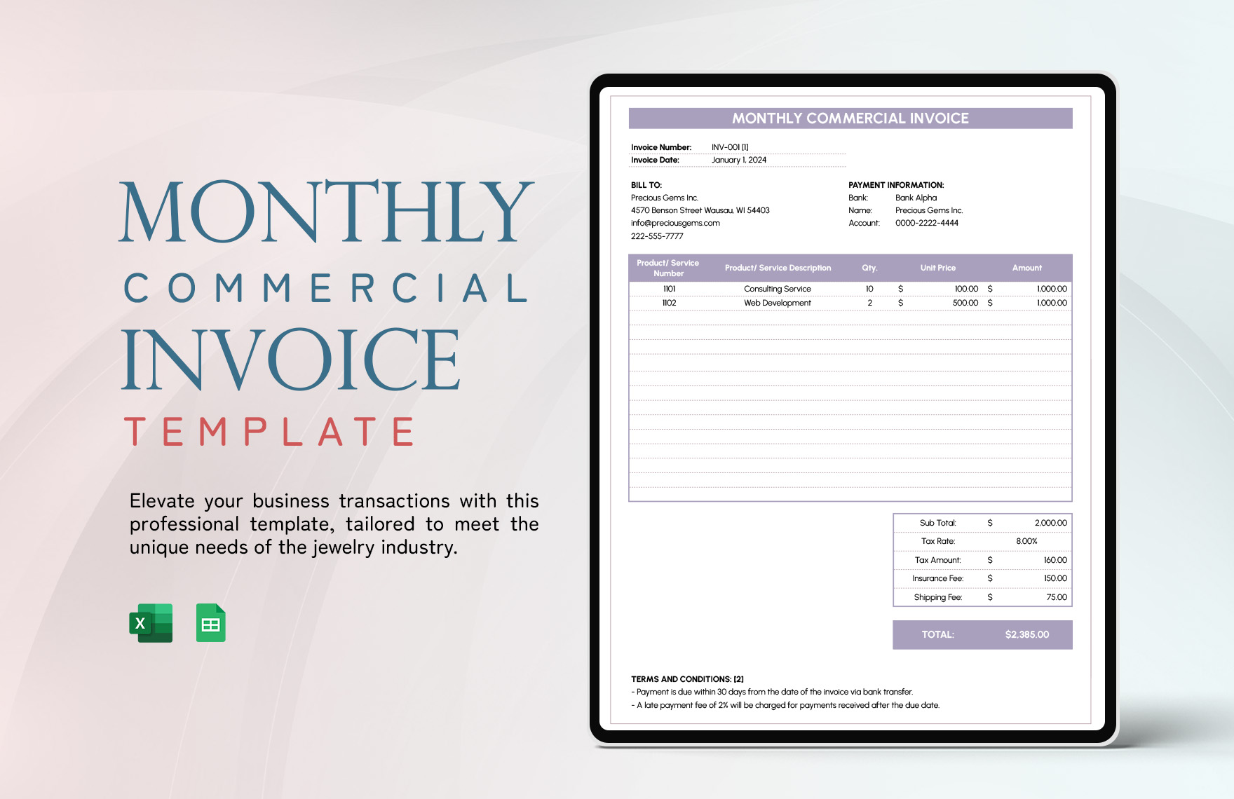 Monthly Commercial Invoice Template in Google Sheets, Excel - Download | Template.net Monthly Commercial Invoice Template in Google Sheets, Excel - Download | Template.net