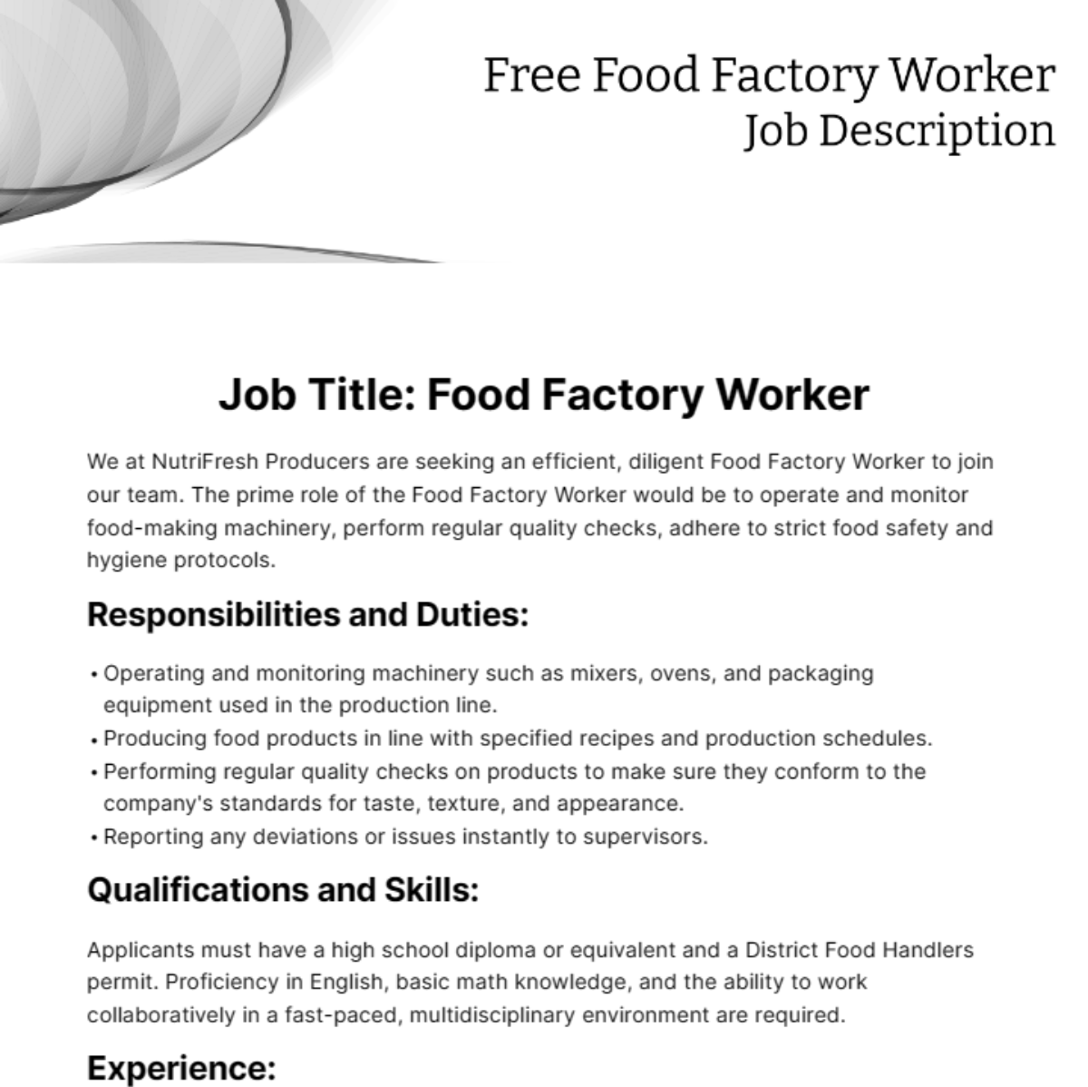 Free Food Factory Worker Duties and Responsibilities Template to Edit Online Free Food Factory Worker Duties and Responsibilities Template to Edit Online