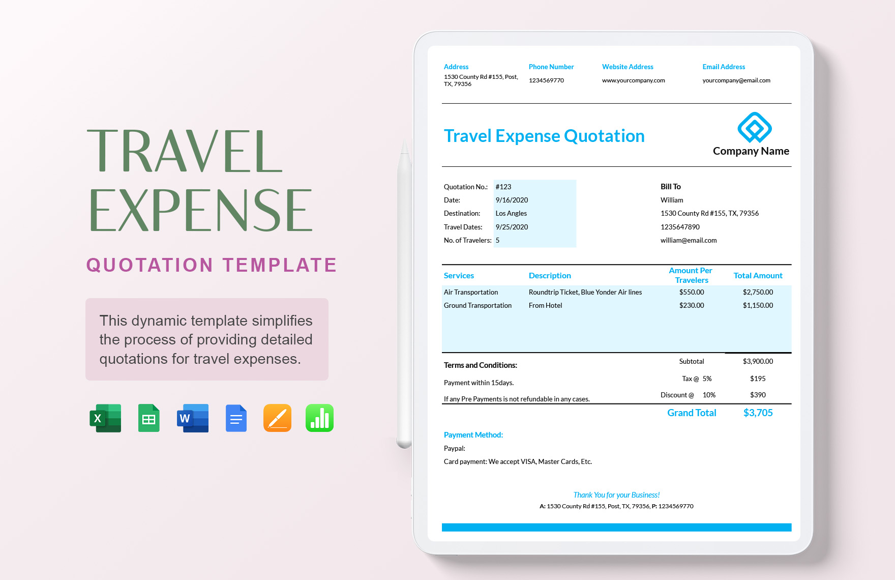 Travel Expense Quotation Template in Google Docs, Google Sheets, Pages, Word, Apple Numbers, Excel - Download | Template.net Travel Expense Quotation Template in Google Docs, Google Sheets, Pages, Word, Apple Numbers, Excel - Download | Template.net