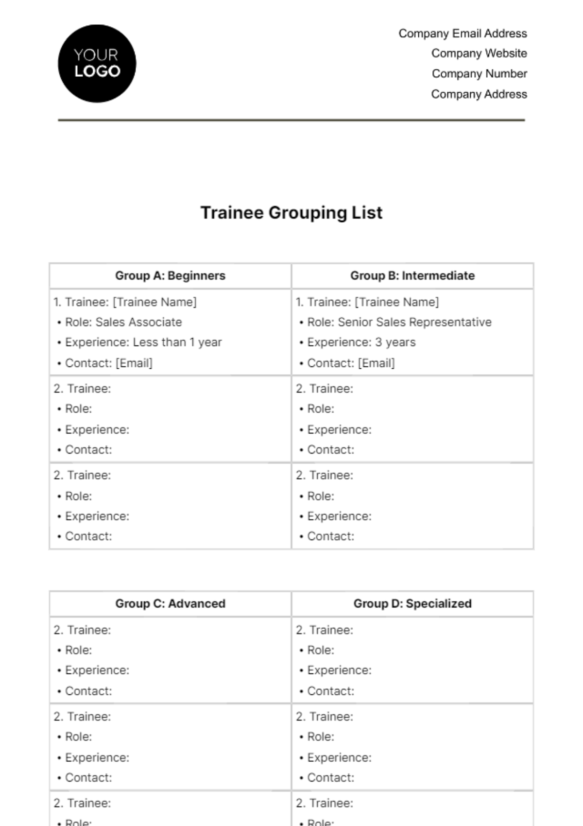 Free Trainee Grouping List HR Template to Edit Online Free Trainee Grouping List HR Template to Edit Online