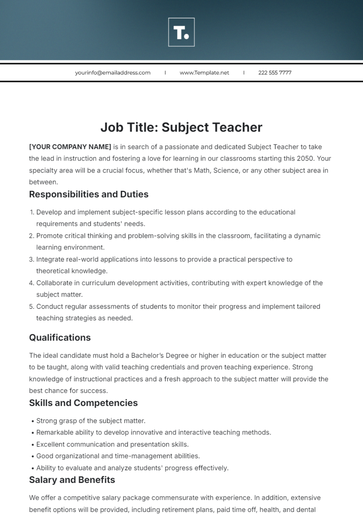 Free Subject Teacher Job Description Template to Edit Online Free Subject Teacher Job Description Template to Edit Online