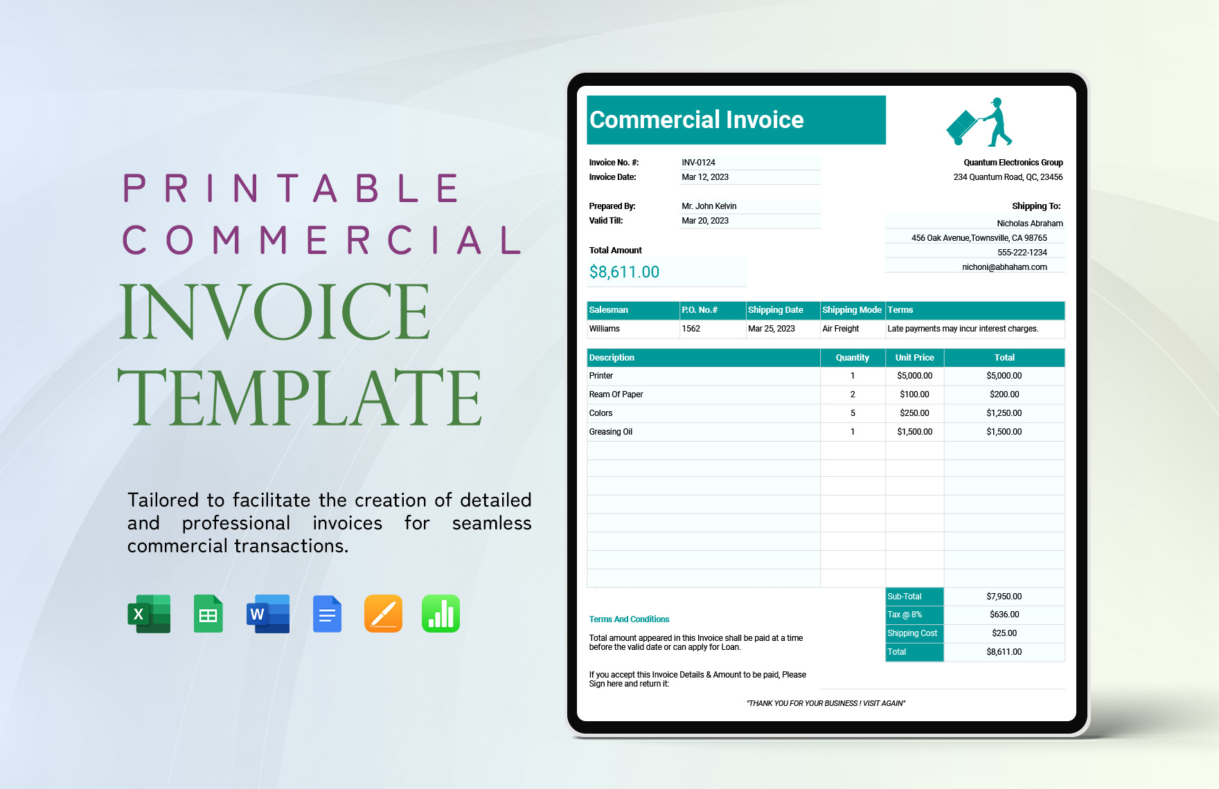 Printable Commercial Invoice Template in Google Docs, Google Sheets, Apple Numbers, Pages, Word, Excel - Download | Template.net Printable Commercial Invoice Template in Google Docs, Google Sheets, Apple Numbers, Pages, Word, Excel - Download | Template.net