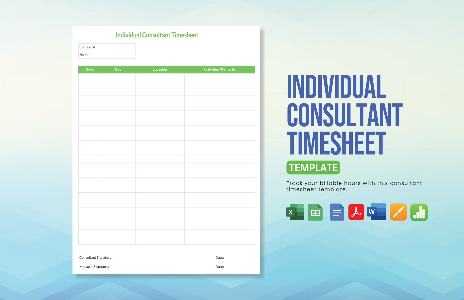 Individual Consultant Timesheet Template in Excel, PDF, Apple Pages, Word, Google Docs, Google Sheets, Apple Numbers - Download | Template.net Individual Consultant Timesheet Template in Excel, PDF, Apple Pages, Word, Google Docs, Google Sheets, Apple Numbers - Download | Template.net