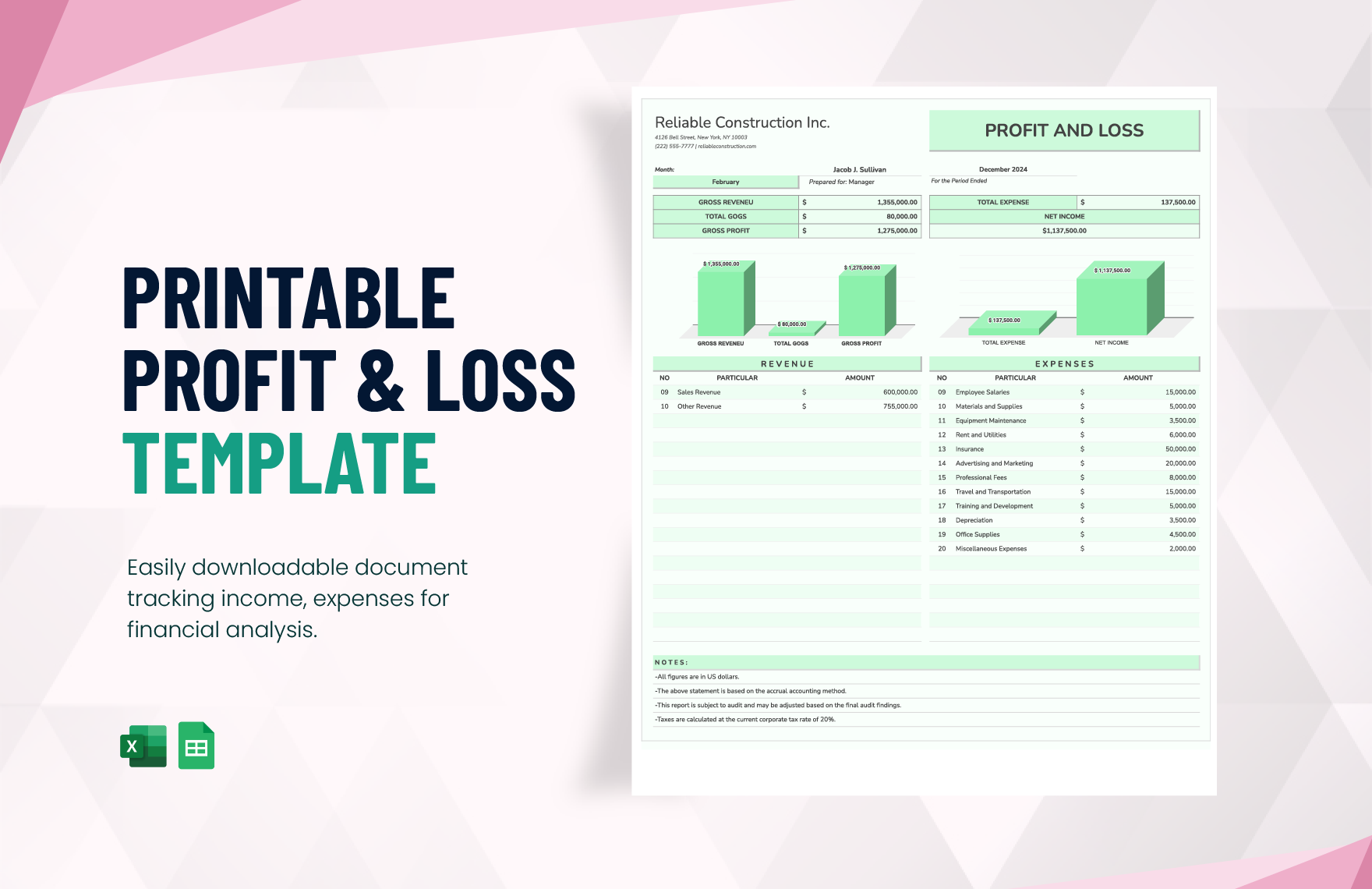 Printable Profit and Loss Template in Excel, Google Sheets - Download | Template.net Printable Profit and Loss Template in Excel, Google Sheets - Download | Template.net