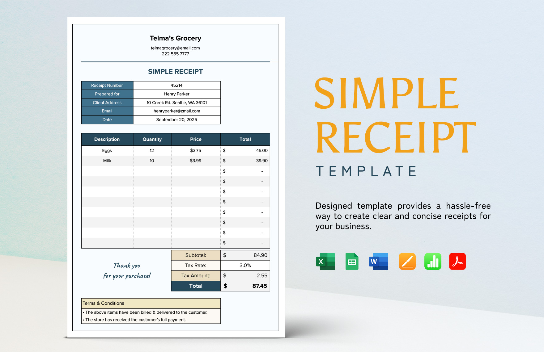 Simple Receipt Template in Word, Apple Pages, Apple Numbers, PDF, Excel, Google Sheets - Download | Template.net Simple Receipt Template in Word, Apple Pages, Apple Numbers, PDF, Excel, Google Sheets - Download | Template.net