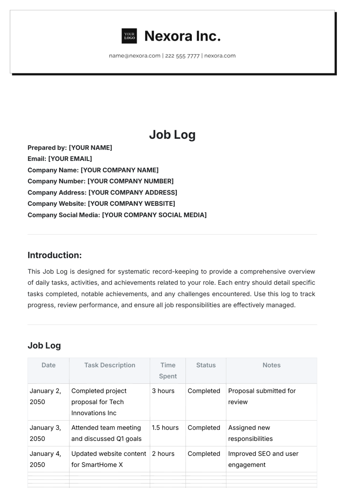 Free Job Log Template to Edit Online Free Job Log Template to Edit Online