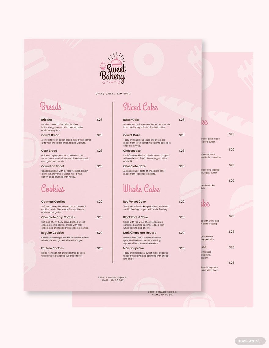 Sweet Bakery Menu Template Sweet Bakery Menu Template