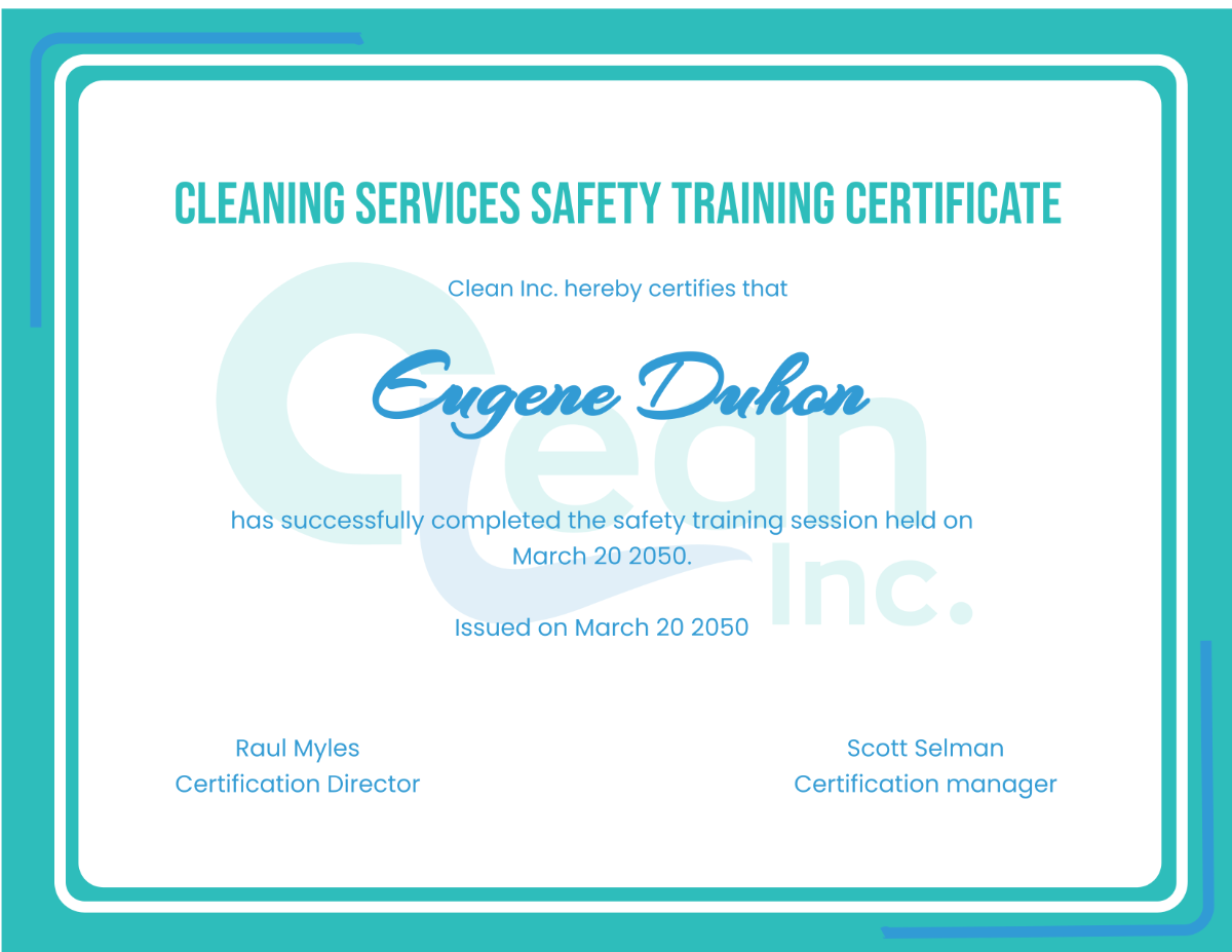 Cleaning Services Safety Training Certificate Template