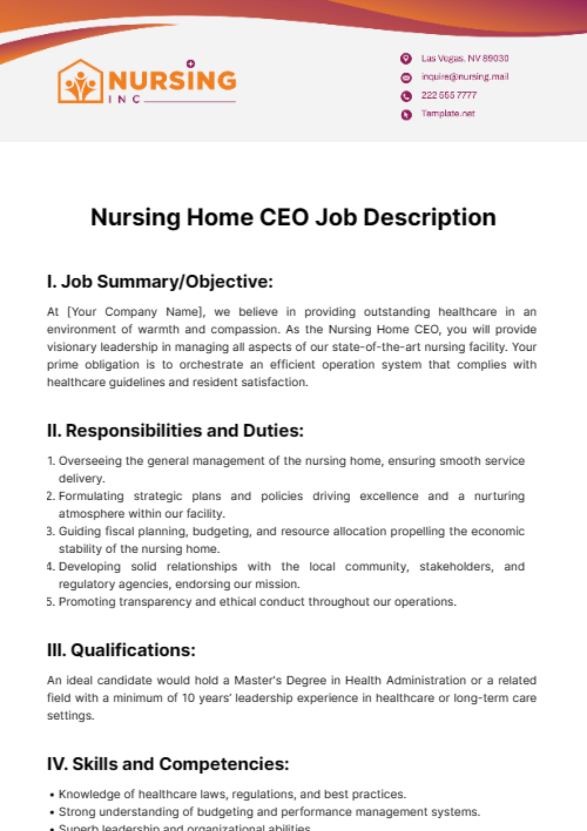 Free Nursing Home CEO Job Description Template to Edit Online Free Nursing Home CEO Job Description Template to Edit Online