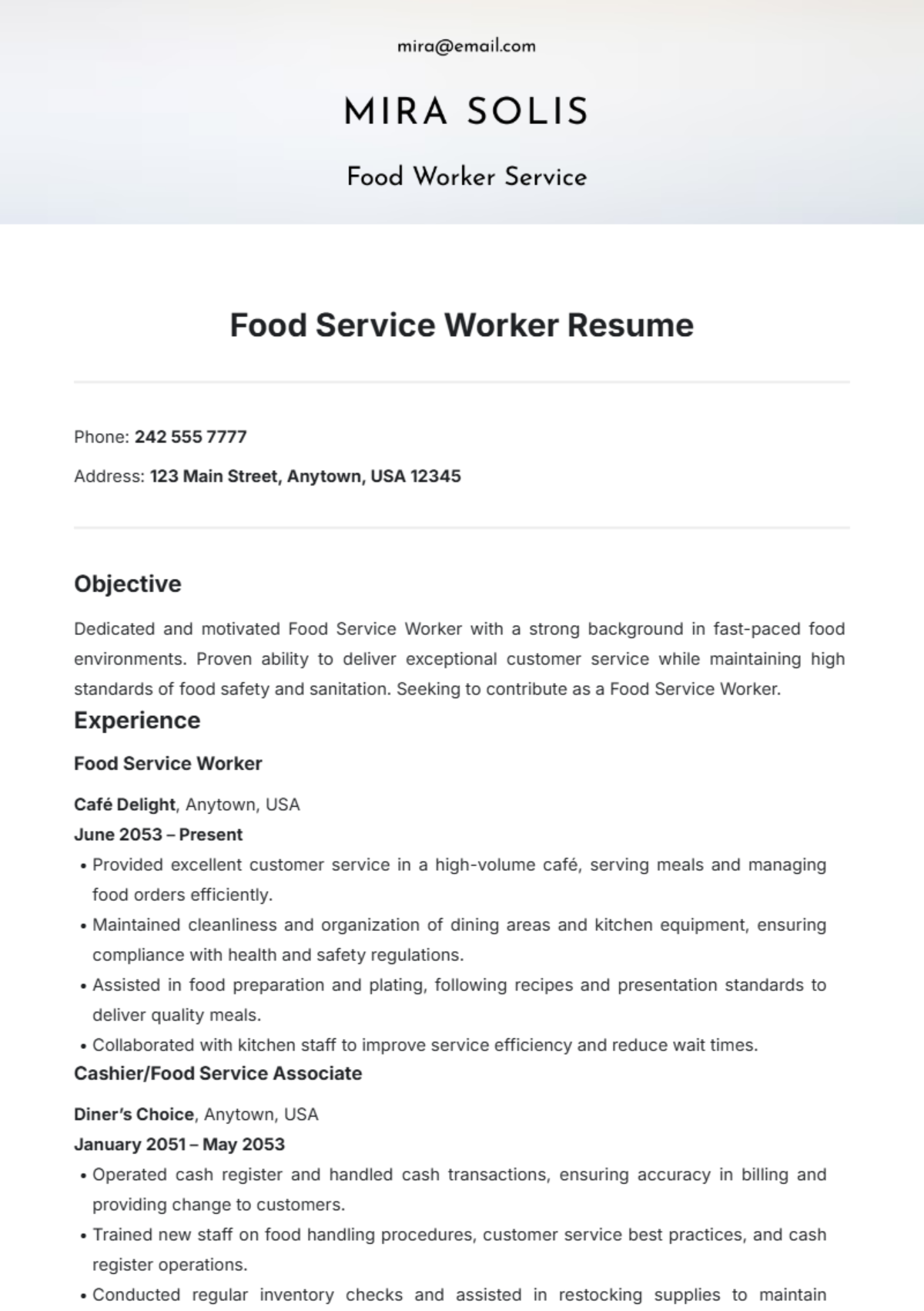 Free Food Service Worker Resume Template to Edit Online Free Food Service Worker Resume Template to Edit Online