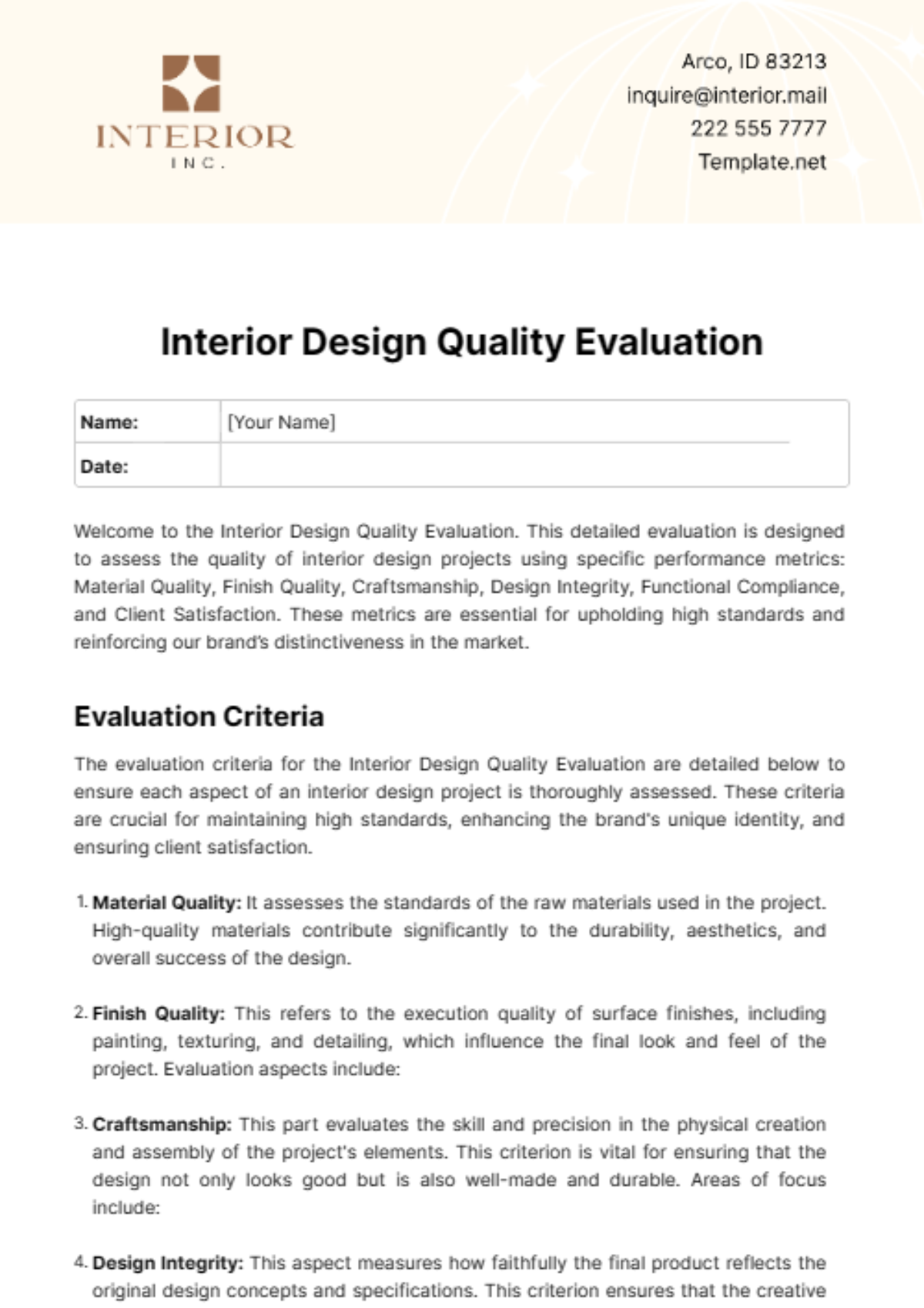 Free Interior Design Quality Evaluation Template to Edit Online Free Interior Design Quality Evaluation Template to Edit Online