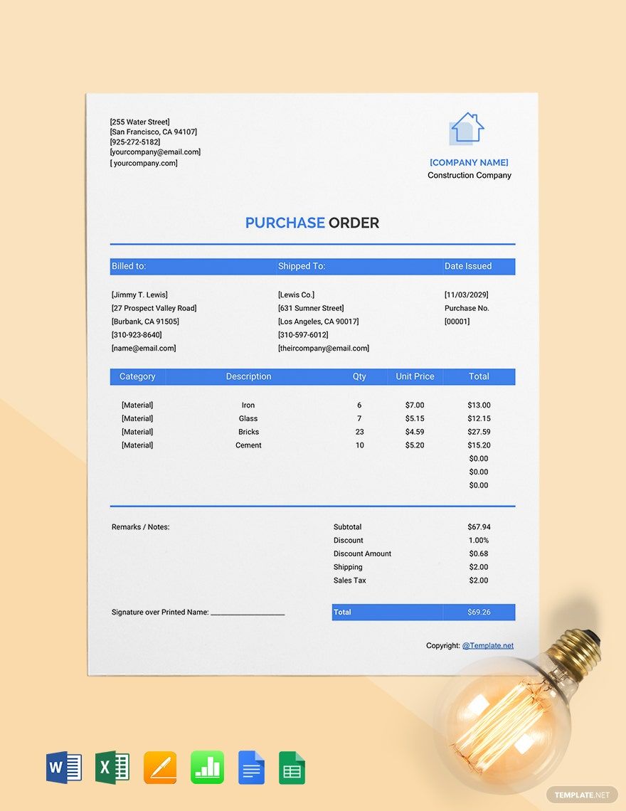 Blank Construction Purchase Template Blank Construction Purchase Template