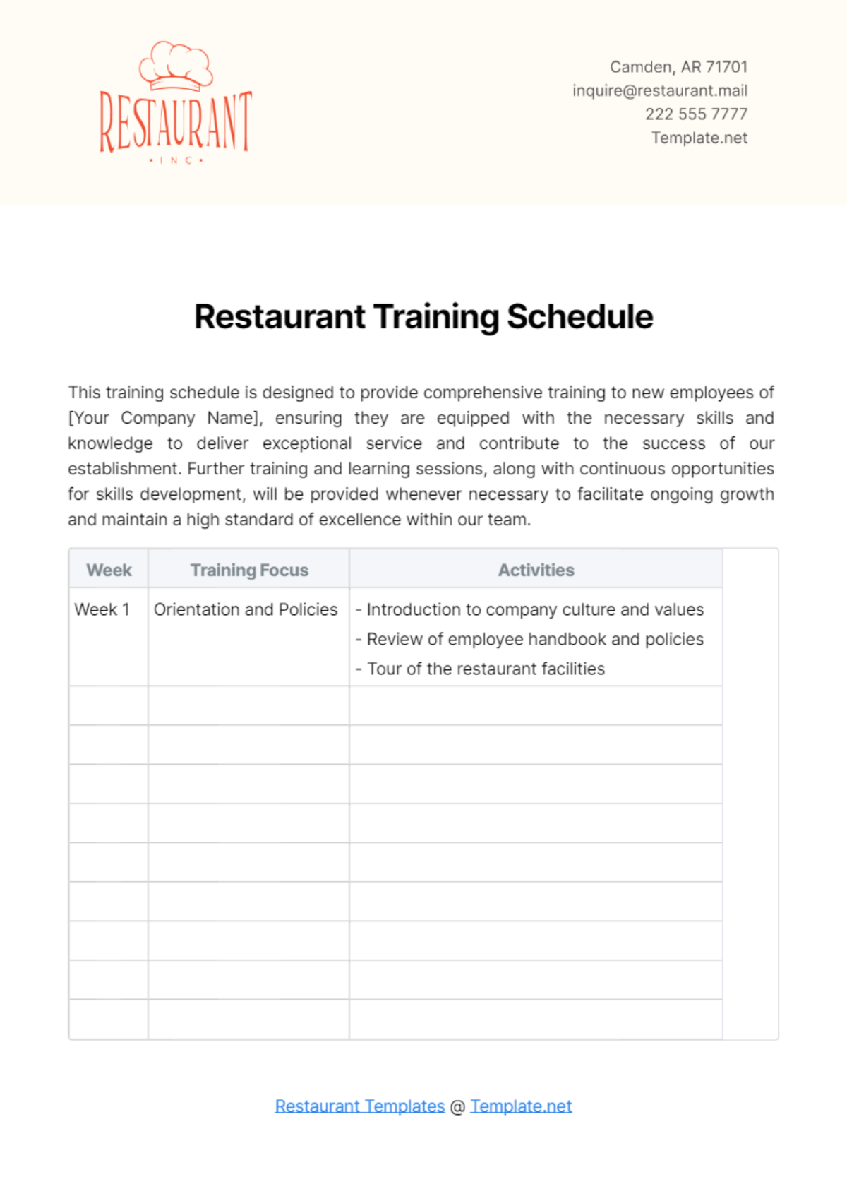 Free Restaurant Training Schedule Template to Edit Online Free Restaurant Training Schedule Template to Edit Online