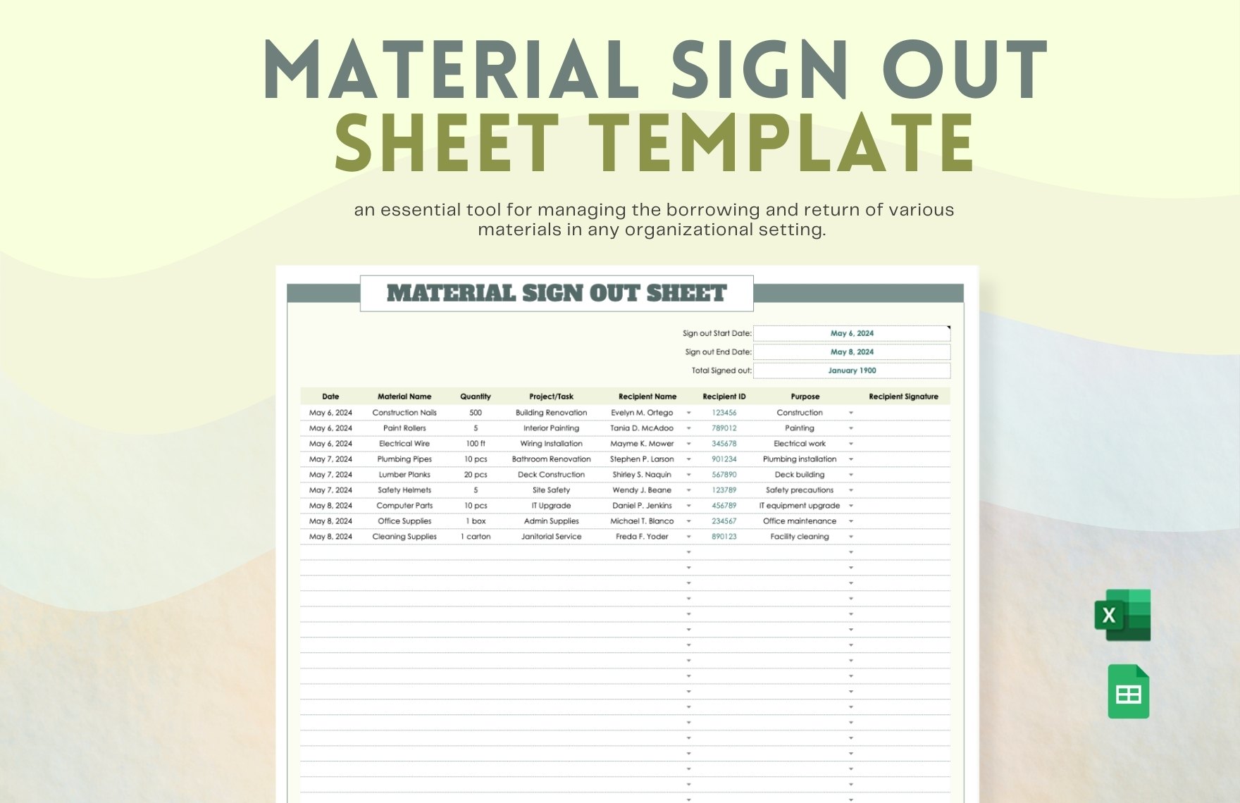 Material Sign Out Sheet Template Material Sign Out Sheet Template