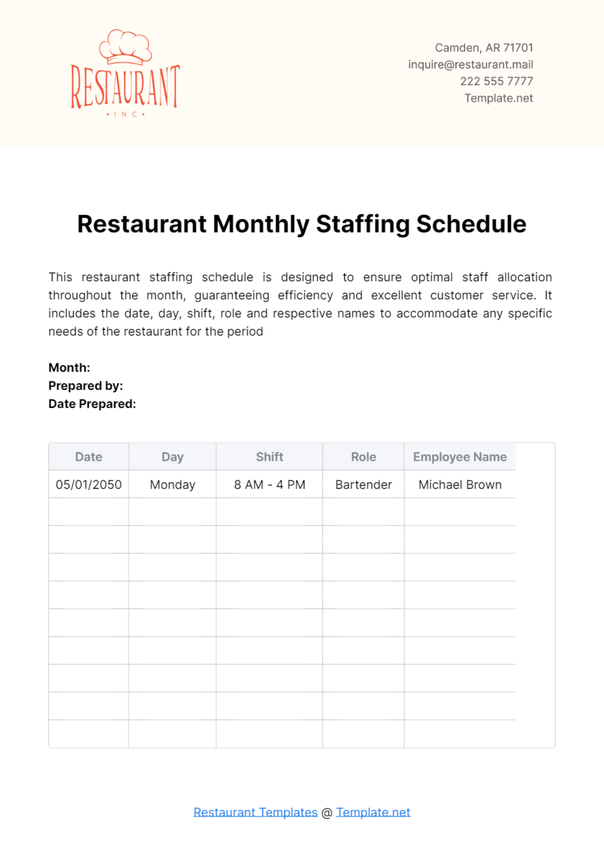 Free Restaurant Monthly Staffing Schedule Template to Edit Online Free Restaurant Monthly Staffing Schedule Template to Edit Online