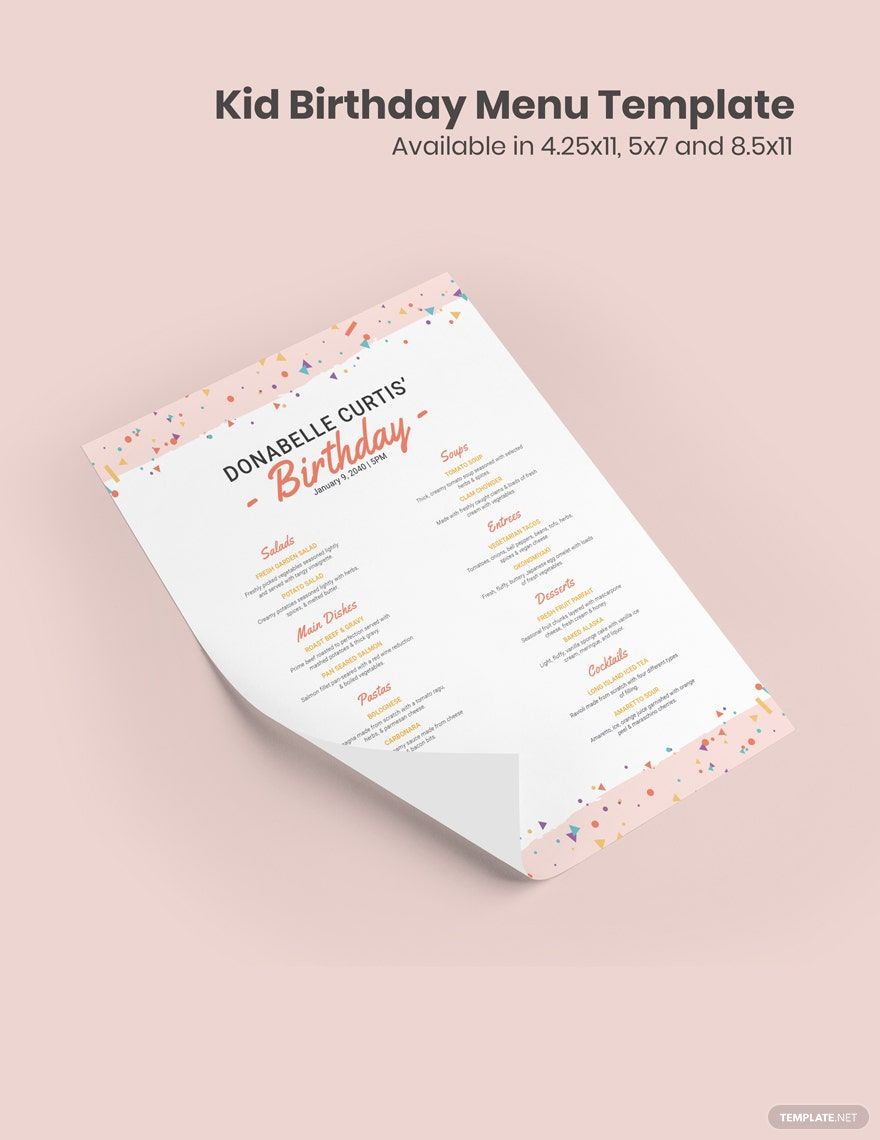 Kid Birthday Menu Template Kid Birthday Menu Template