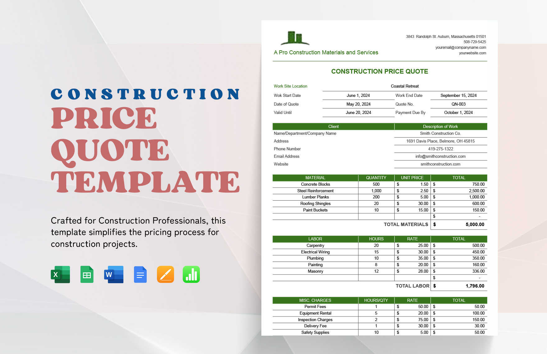 Construction Price Quote Template in Pages, Apple Numbers, Word, Google Docs, Excel, Google Sheets - Download | Template.net Construction Price Quote Template in Pages, Apple Numbers, Word, Google Docs, Excel, Google Sheets - Download | Template.net