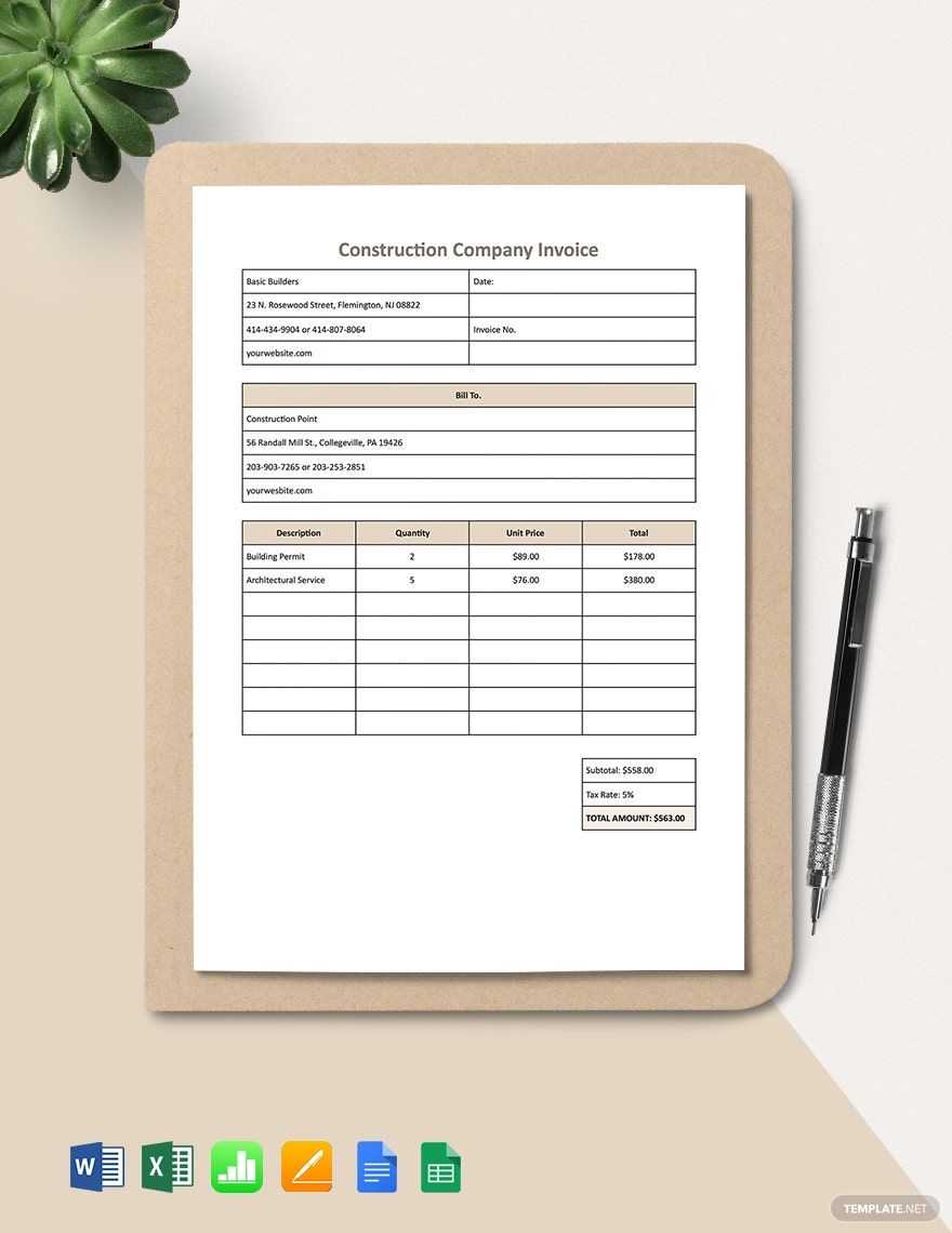 Construction Company Invoice Template in Google Sheets, Google Docs, Excel, Word, Apple Numbers, Pages - Download | Template.net Construction Company Invoice Template in Google Sheets, Google Docs, Excel, Word, Apple Numbers, Pages - Download | Template.net