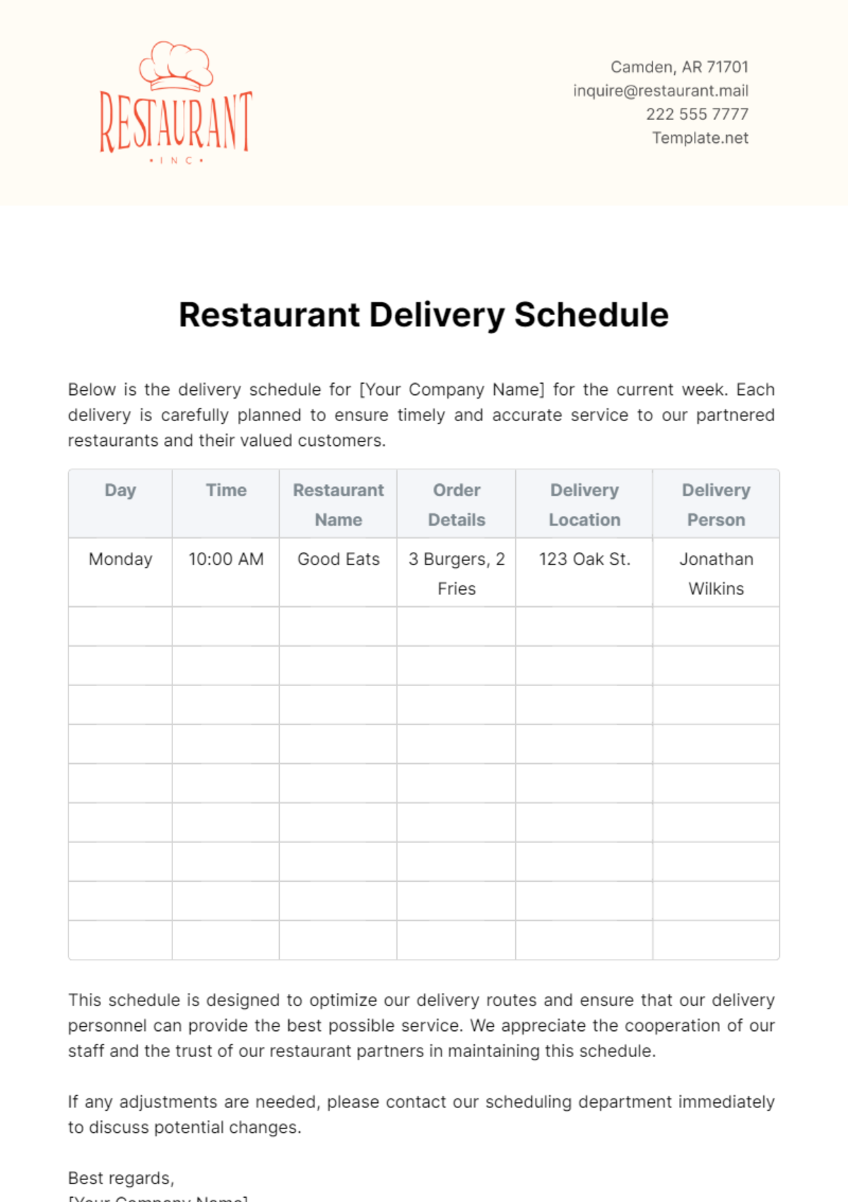 Free Restaurant Delivery Schedule Template to Edit Online Free Restaurant Delivery Schedule Template to Edit Online