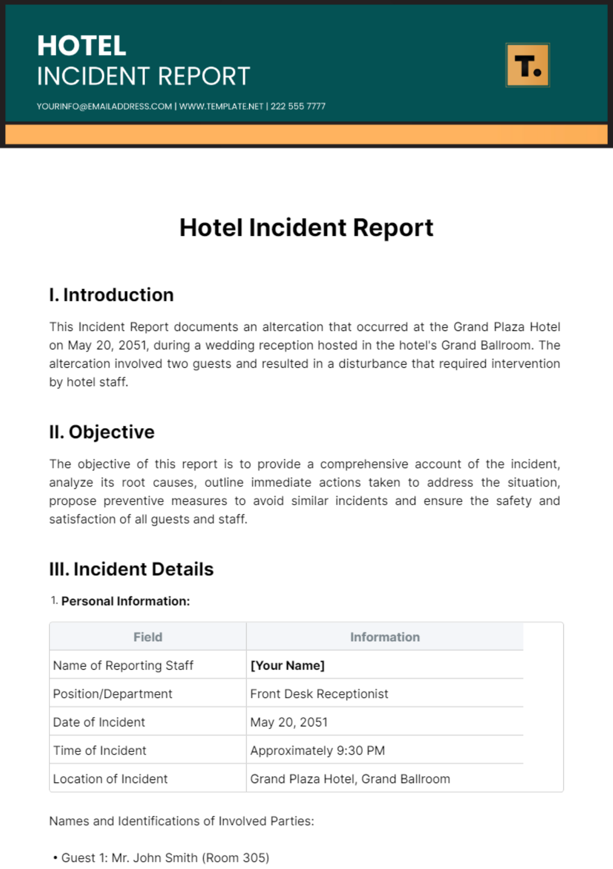 Hotel Incident Report Template