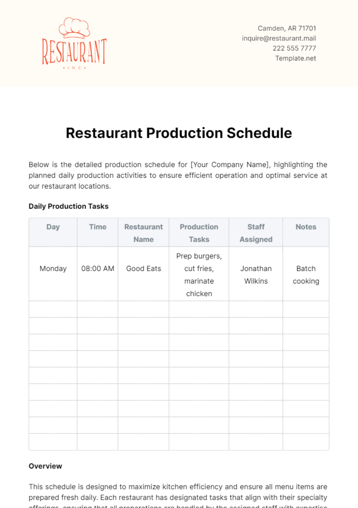 Free Restaurant Production Schedule Template to Edit Online Free Restaurant Production Schedule Template to Edit Online