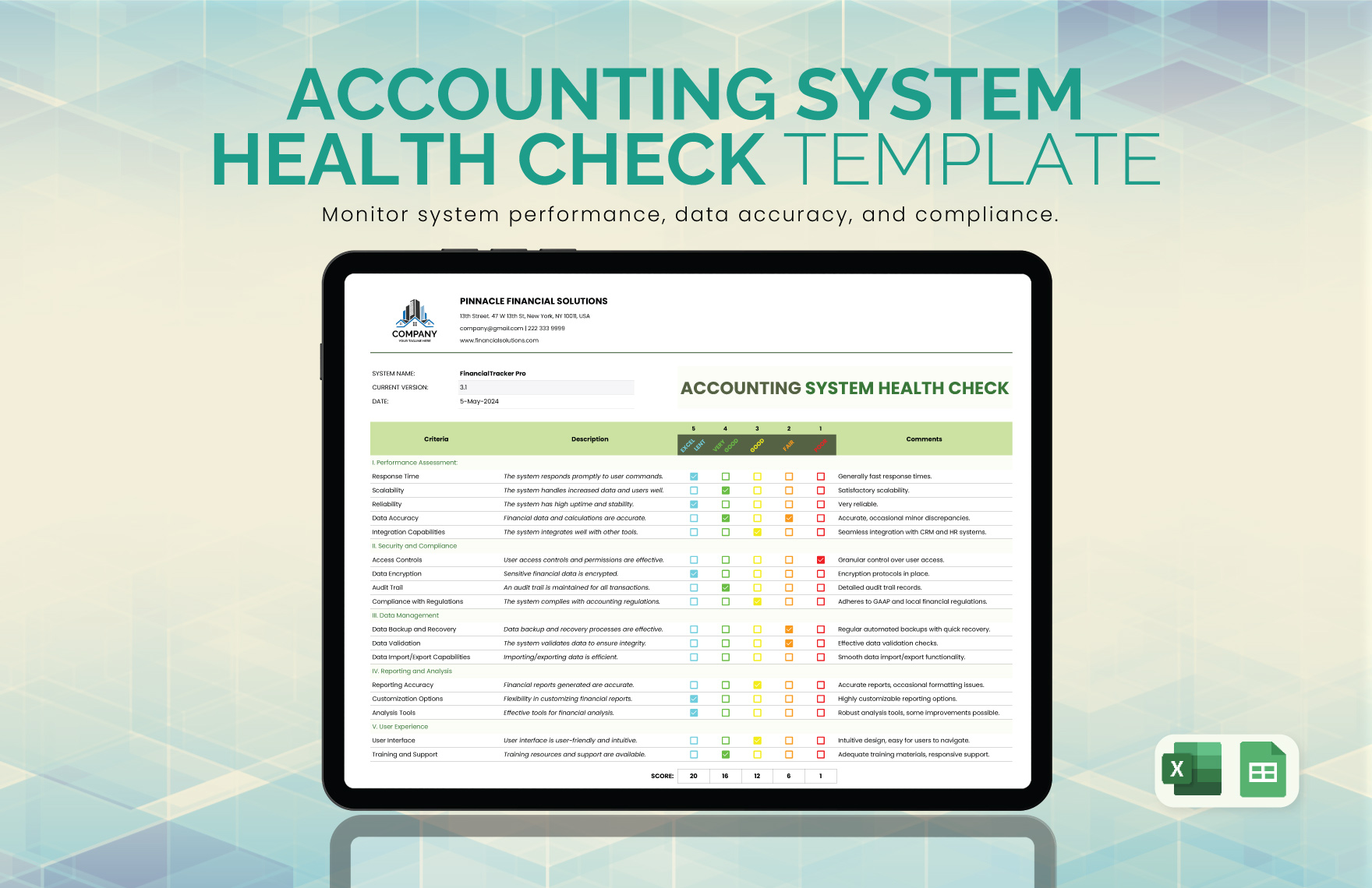 Accounting System Health Check Template in Google Sheets, Excel - Download | Template.net Accounting System Health Check Template in Google Sheets, Excel - Download | Template.net
