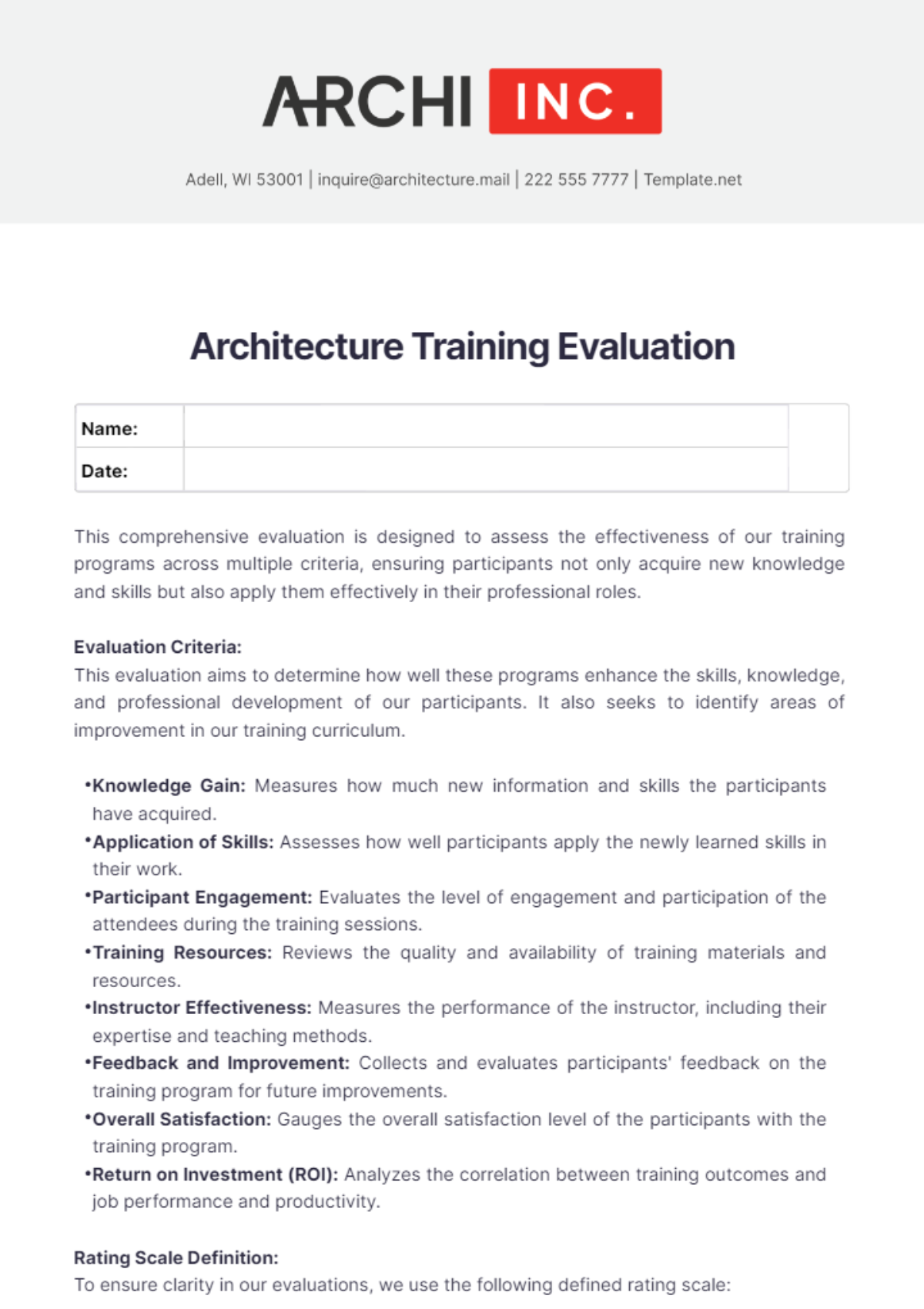 Free Architecture Training Evaluation Template to Edit Online Free Architecture Training Evaluation Template to Edit Online