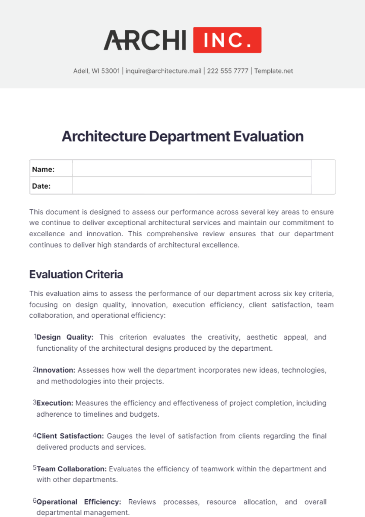 Free Architecture Department Evaluation Template to Edit Online Free Architecture Department Evaluation Template to Edit Online