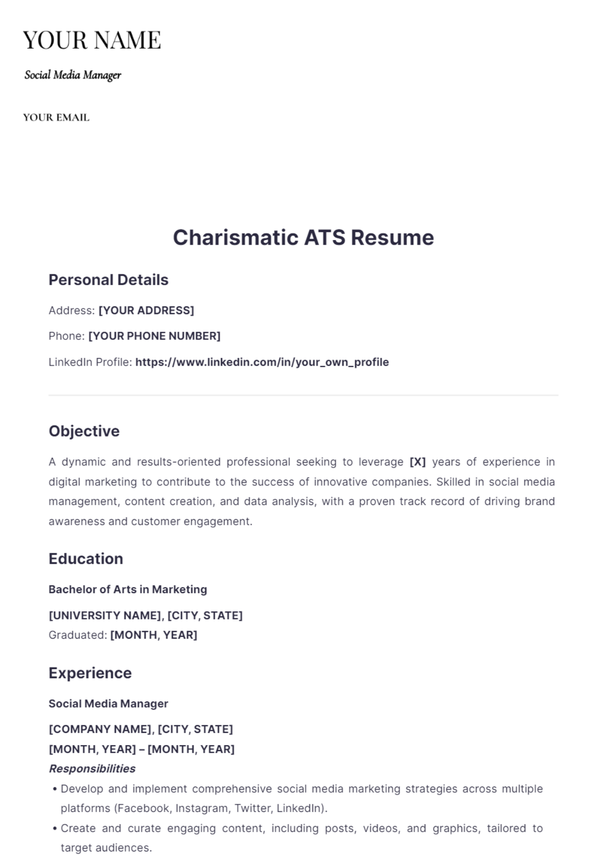Free Charismatic ATS Resume to Edit Online Free Charismatic ATS Resume to Edit Online