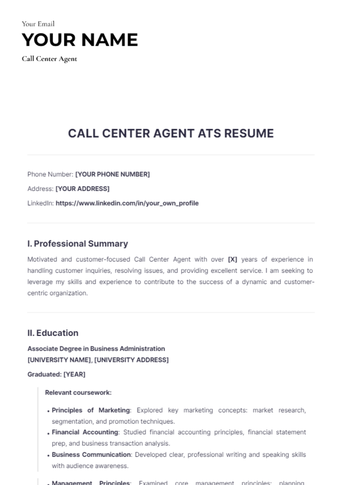 Free Call Center Agent ATS Resume to Edit Online Free Call Center Agent ATS Resume to Edit Online