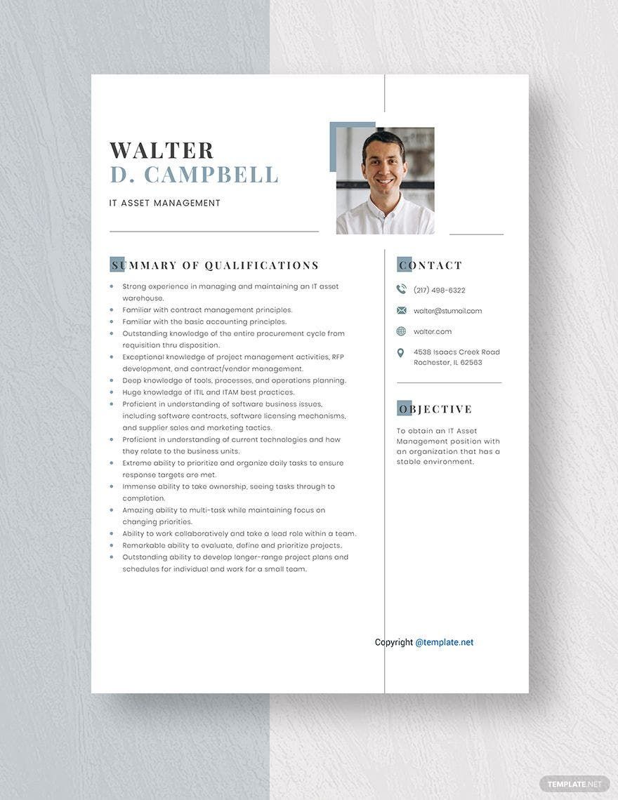 IT Asset Management Resume in Word, Pages - Download | Template.net IT Asset Management Resume in Word, Pages - Download | Template.net